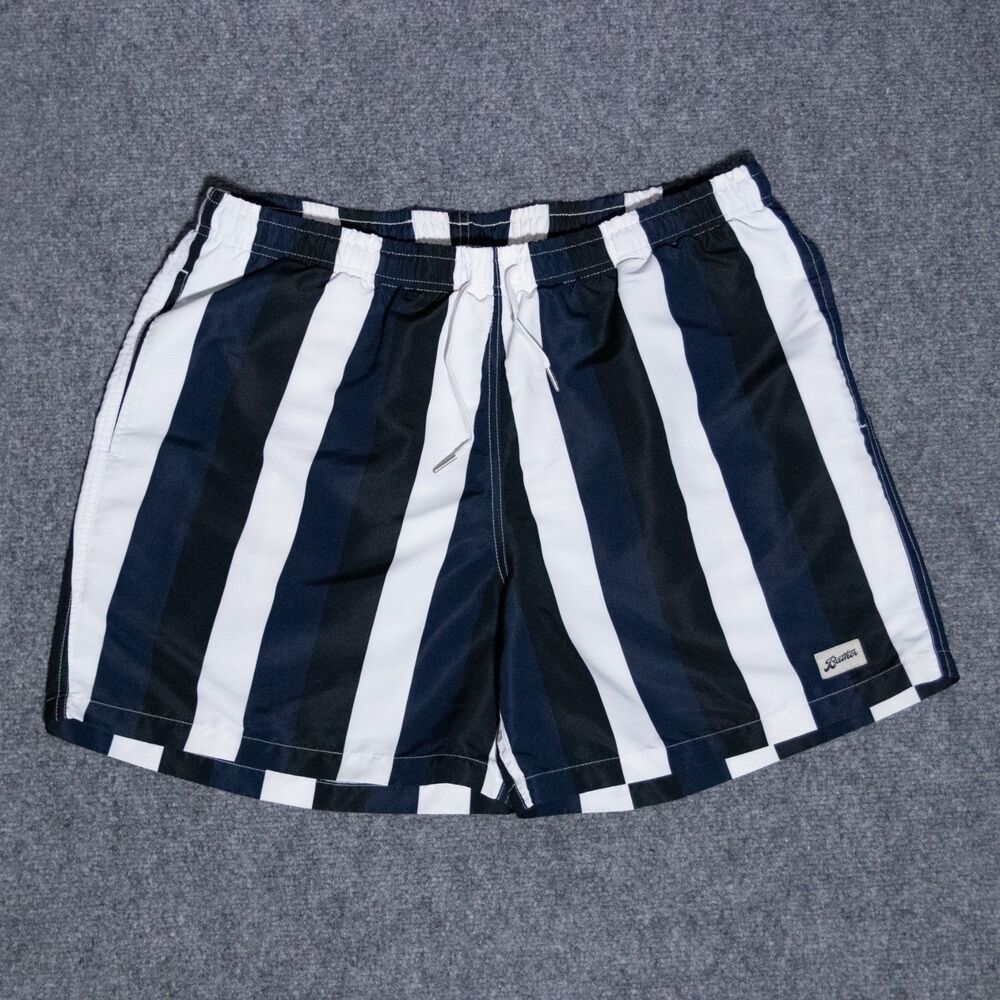 Bather Swim Trunks Navy White Stripe Classic Mesh Lined Shorts Men's XL - 5"
